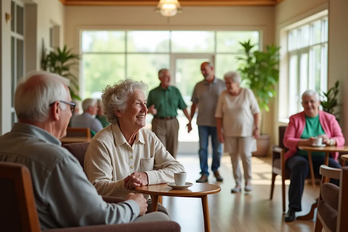 happy seniors socializing together in community center