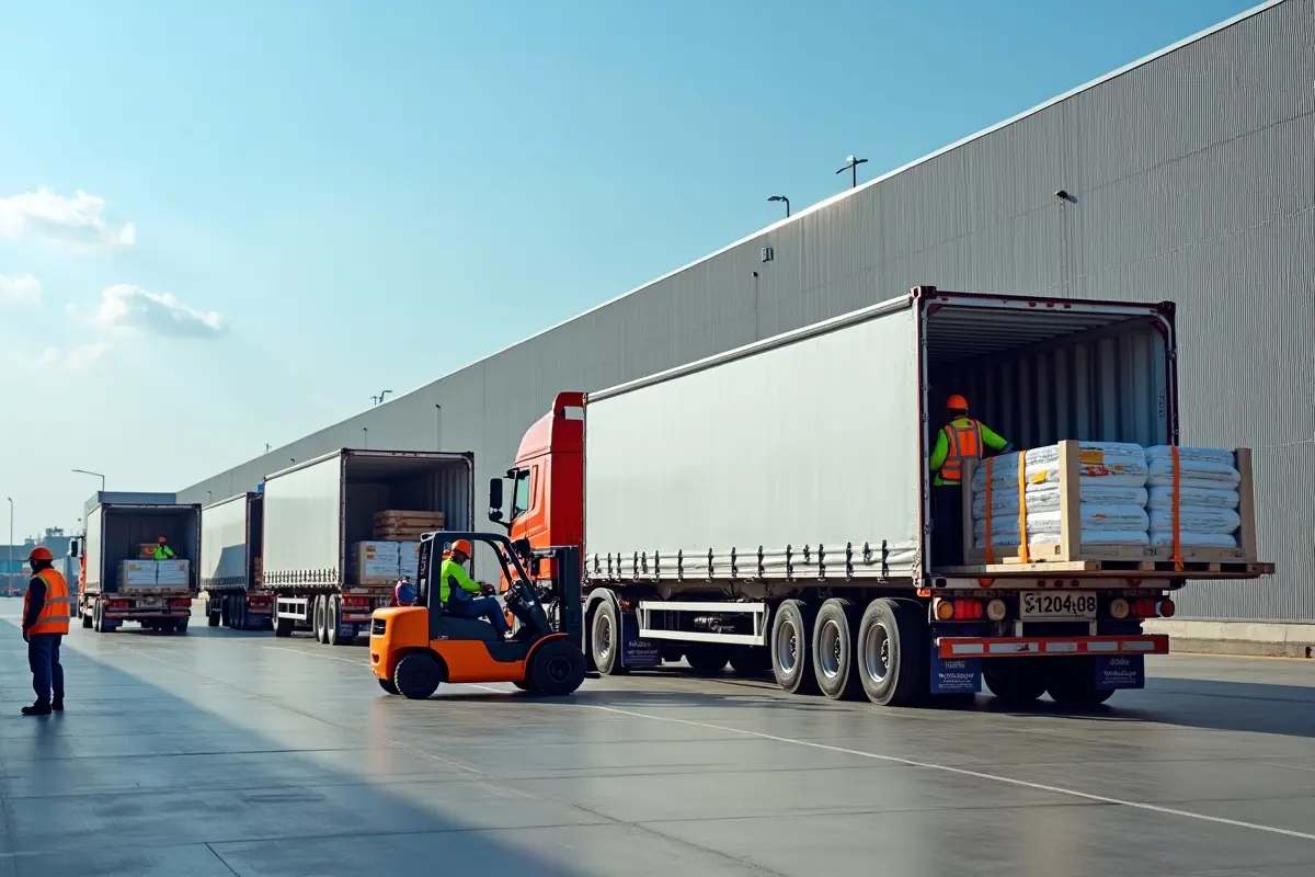 trucking fleet loading secure cargo for delivery