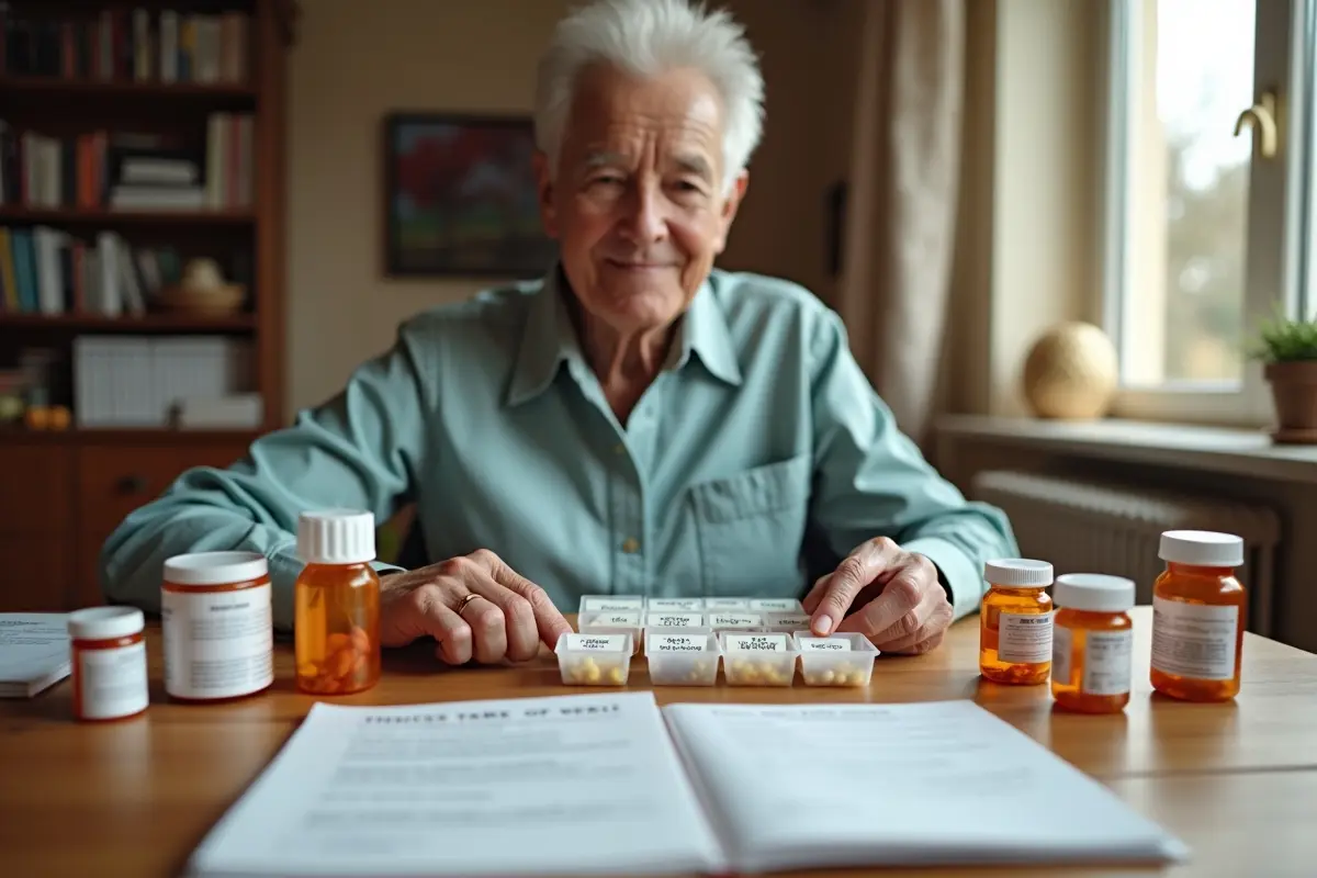 older adult organizing medications with labeled pill boxes and prescriptions